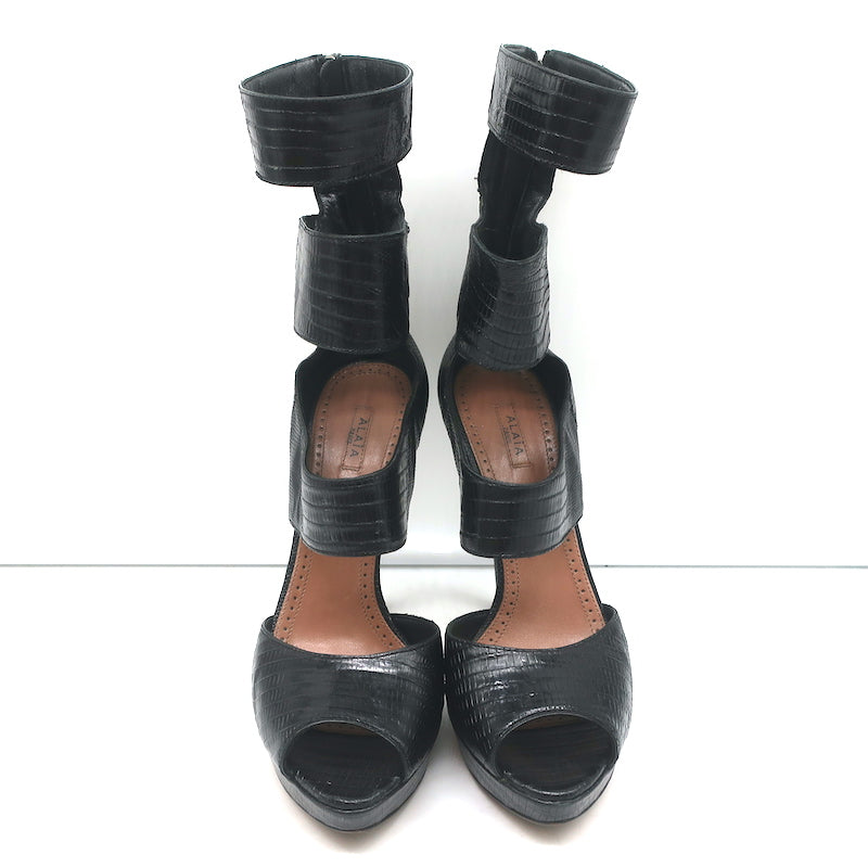 Alaia Cutout Platform Boots Black Lizard-Embossed Leather Size 38.5