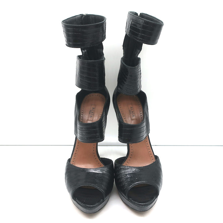 Alaia Cutout Platform Boots Black Lizard-Embossed Leather Size 38.5