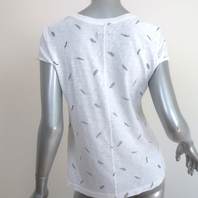 Rag &amp; Bone Brando Tee White Feather Print Cotton Size Medium Short Sleeve Top