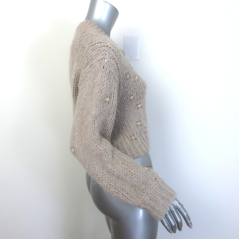 LoveShackFancy Emilie Floral-Embroidered Cardigan Oat Alpaca-Blend Size Small