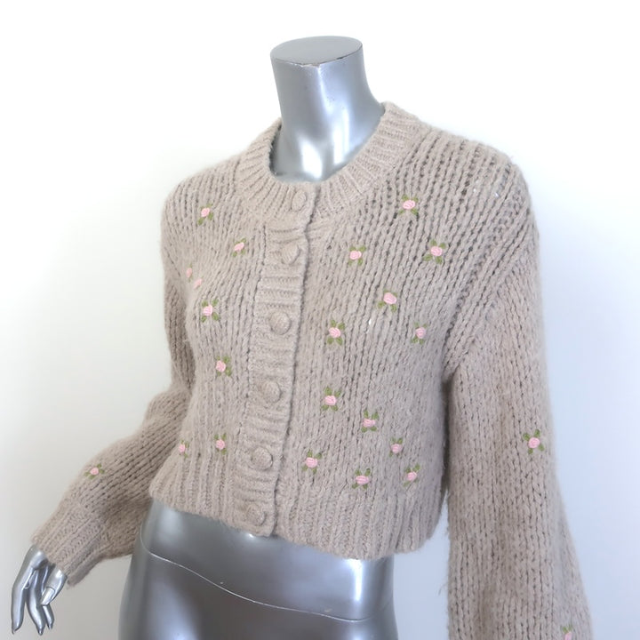 LoveShackFancy Emilie Floral-Embroidered Cardigan Oat Alpaca-Blend Size Small