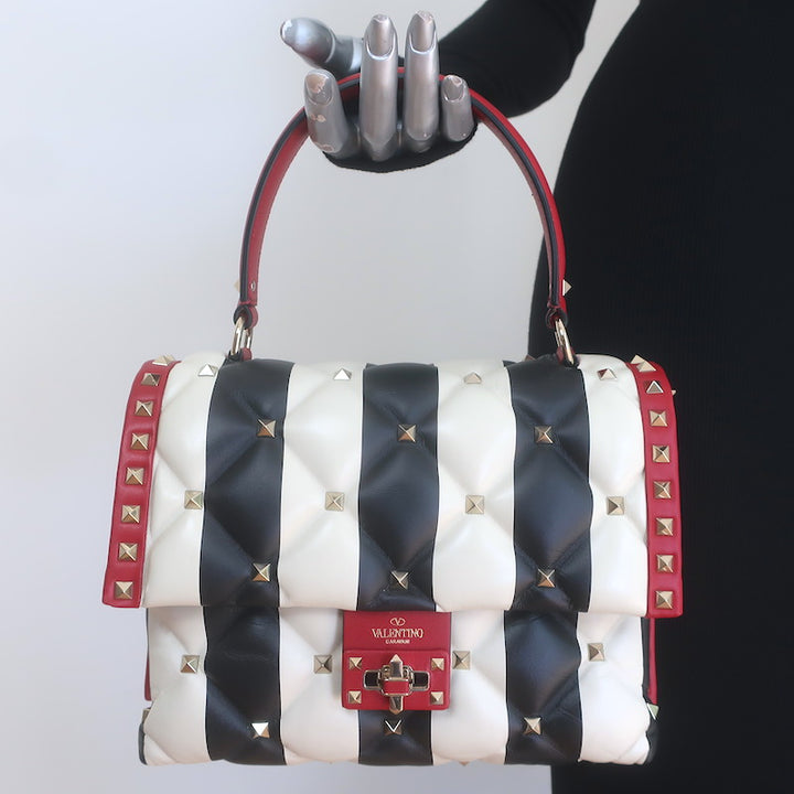Valentino Candystud Striped Top Handle Bag Cream/Black/Red Leather Crossbody