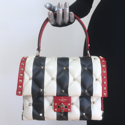 Valentino Candystud Striped Top Handle Bag Cream/Black/Red Leather Crossbody