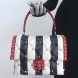 Valentino Candystud Striped Top Handle Bag Cream/Black/Red Leather Crossbody