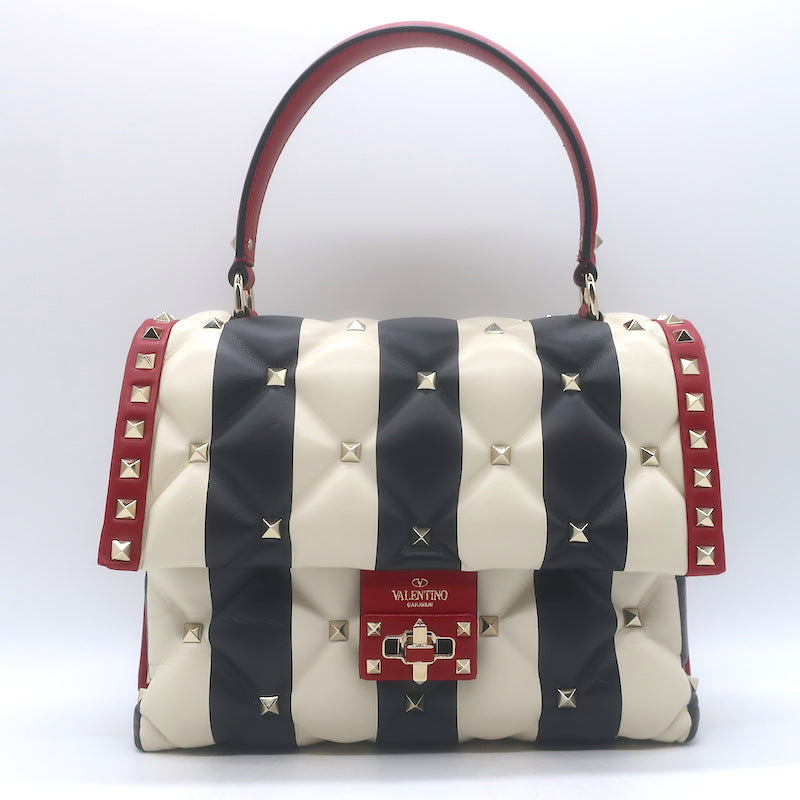 Valentino Candystud Striped Top Handle Bag Cream/Black/Red Leather Crossbody