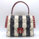 Valentino Candystud Striped Top Handle Bag Cream/Black/Red Leather Crossbody