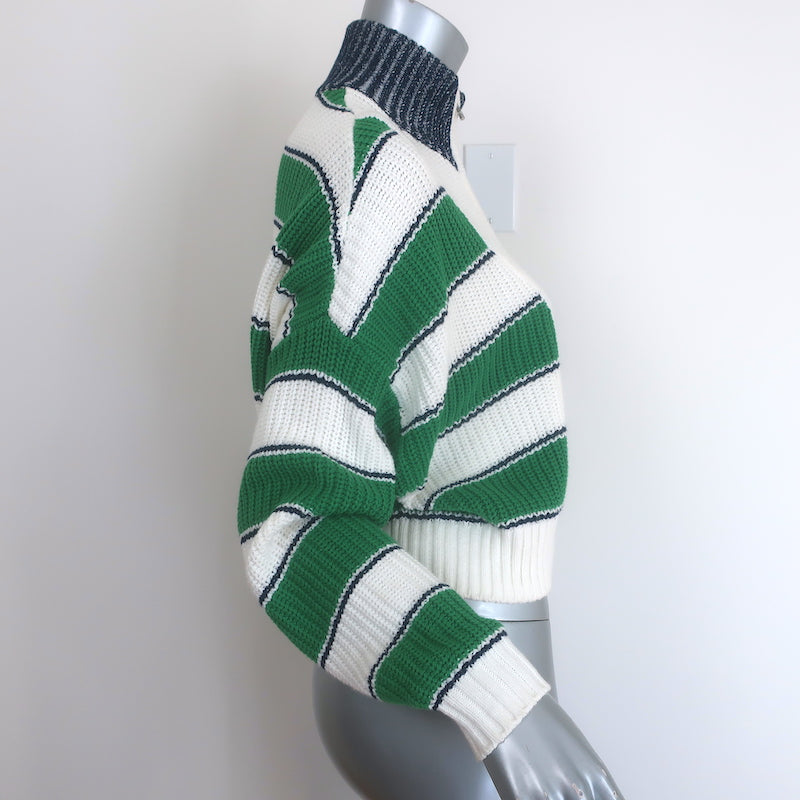 STAUD Hampton Striped Half-Zip Cropped Sweater White/Green Size Extra Small