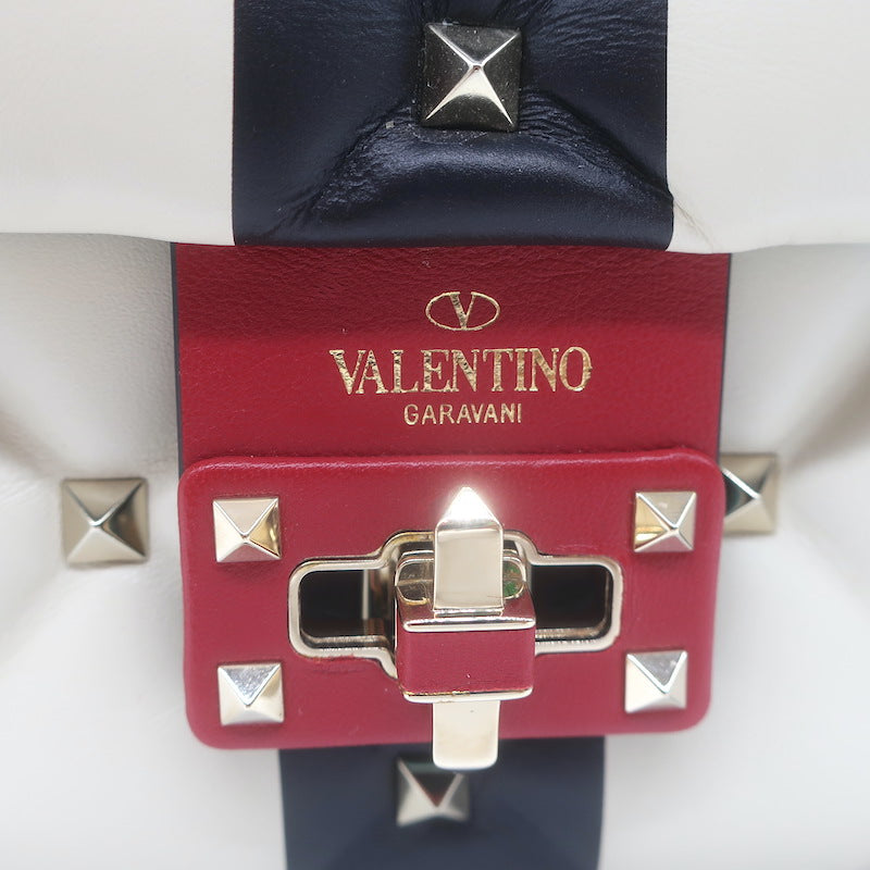 Valentino Candystud Striped Top Handle Bag Cream/Black/Red Leather Crossbody