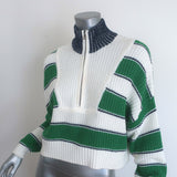 STAUD Hampton Striped Half-Zip Cropped Sweater White/Green Size Extra Small