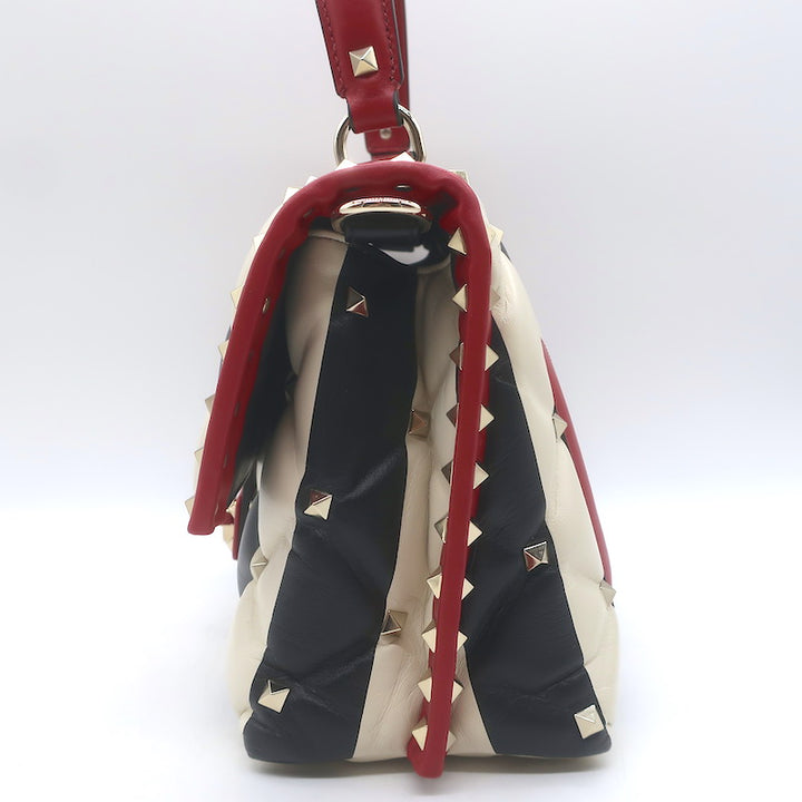 Valentino Candystud Striped Top Handle Bag Cream/Black/Red Leather Crossbody