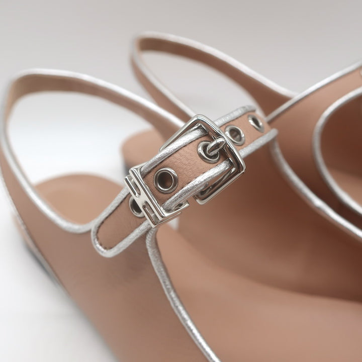 Hermes Kleo Slingback Flats Beige &amp; Metallic Silver Leather Size 40 NEW