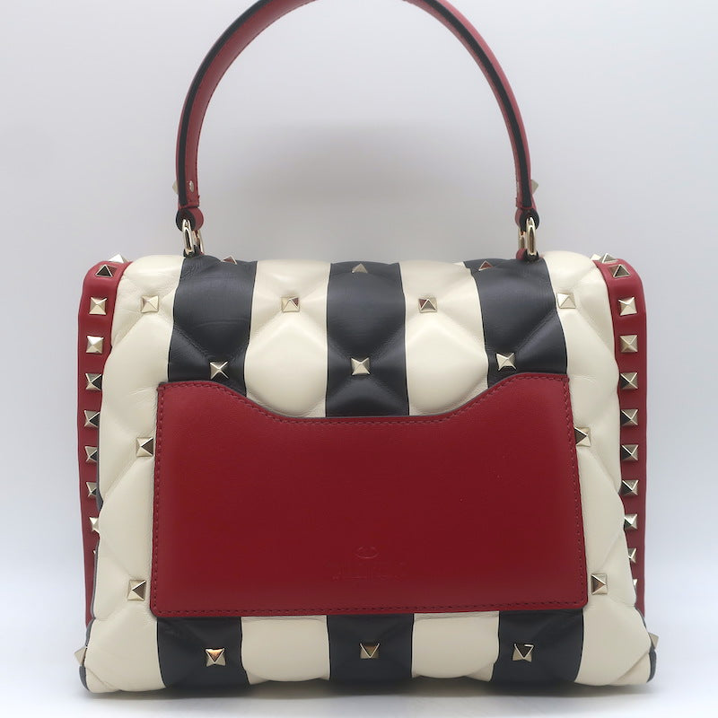 Valentino Candystud Striped Top Handle Bag Cream/Black/Red Leather Crossbody