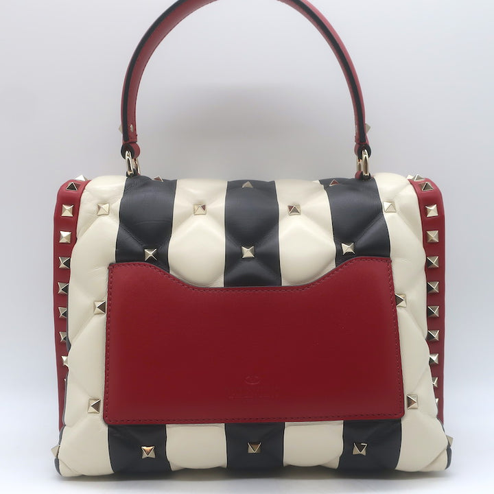 Valentino Candystud Striped Top Handle Bag Cream/Black/Red Leather Crossbody