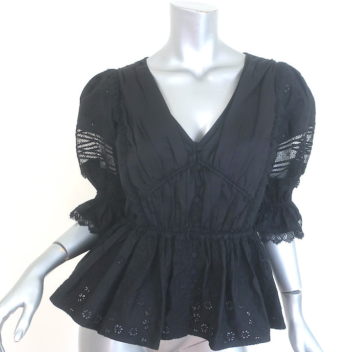 Self-Portrait Broderie Anglaise Peplum Top Black Lace-Trim Cotton Size US 6