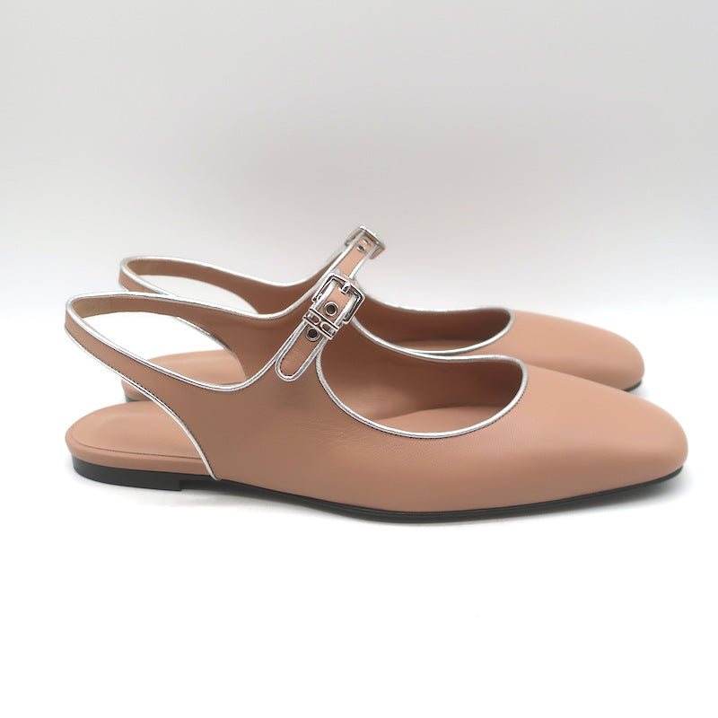 Hermes Kleo Slingback Flats Beige &amp; Metallic Silver Leather Size 40 NEW