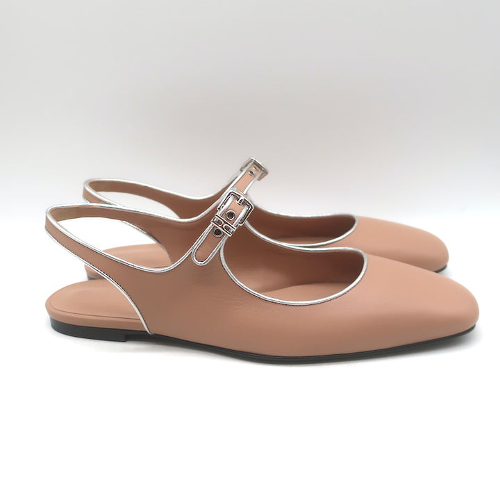 Hermes Kleo Slingback Flats Beige &amp; Metallic Silver Leather Size 40 NEW