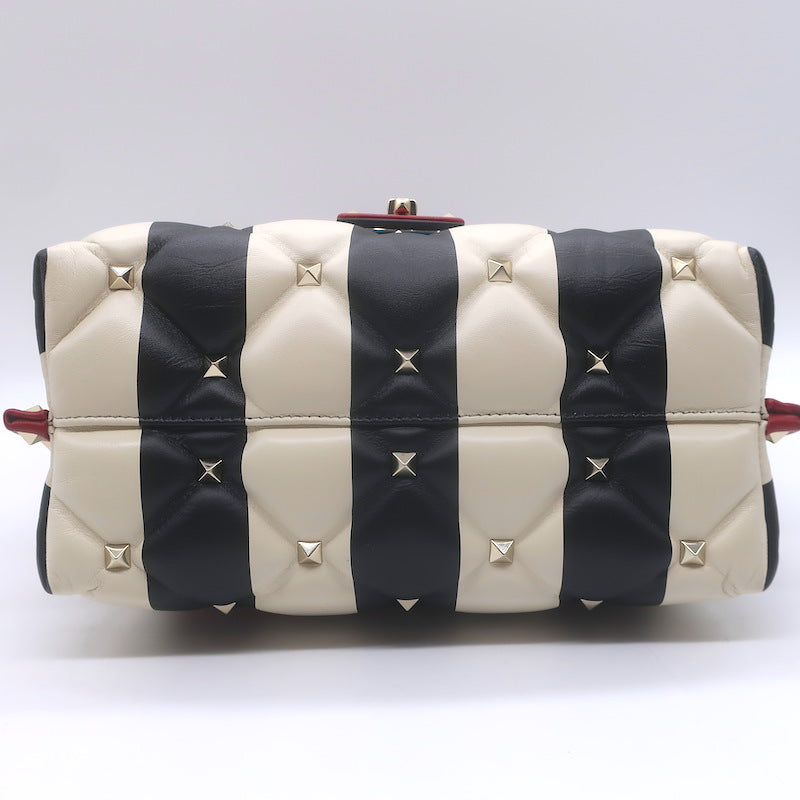 Valentino Candystud Striped Top Handle Bag Cream/Black/Red Leather Crossbody