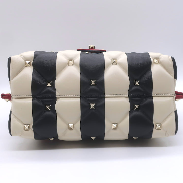 Valentino Candystud Striped Top Handle Bag Cream/Black/Red Leather Crossbody