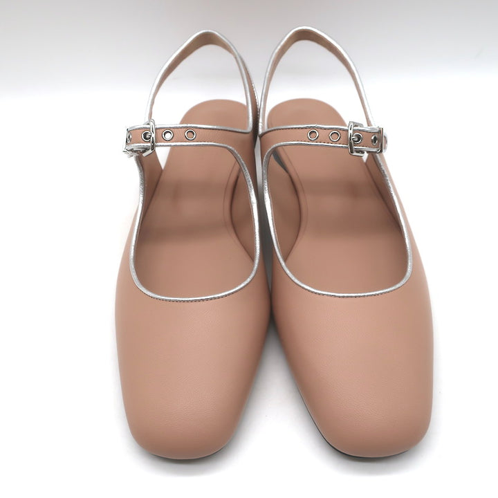 Hermes Kleo Slingback Flats Beige &amp; Metallic Silver Leather Size 40 NEW