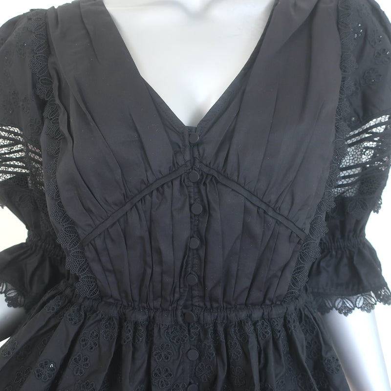 Self-Portrait Broderie Anglaise Peplum Top Black Lace-Trim Cotton Size US 6