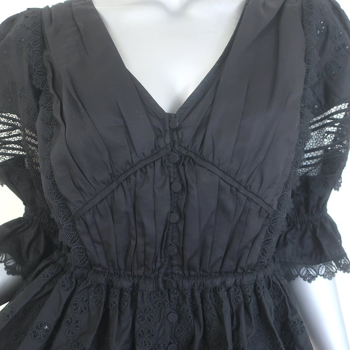 Self-Portrait Broderie Anglaise Peplum Top Black Lace-Trim Cotton Size US 6