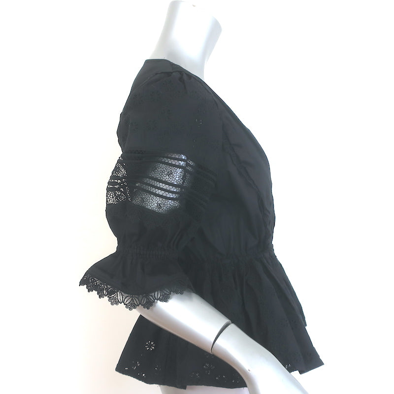 Self-Portrait Broderie Anglaise Peplum Top Black Lace-Trim Cotton Size US 6