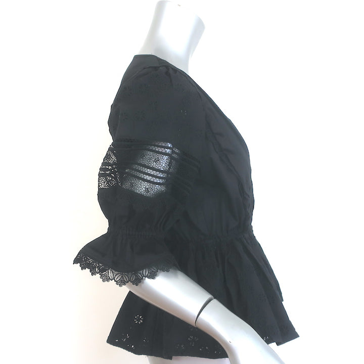 Self-Portrait Broderie Anglaise Peplum Top Black Lace-Trim Cotton Size US 6