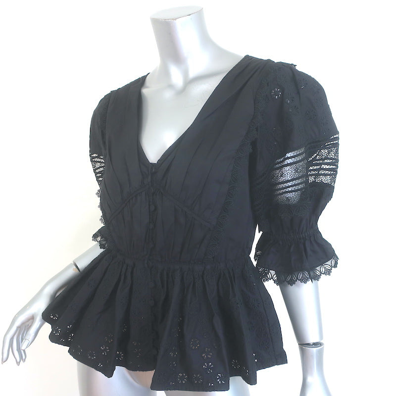 Self-Portrait Broderie Anglaise Peplum Top Black Lace-Trim Cotton Size US 6
