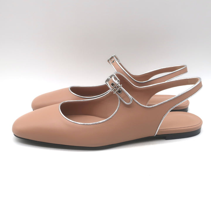 Hermes Kleo Slingback Flats Beige &amp; Metallic Silver Leather Size 40 NEW