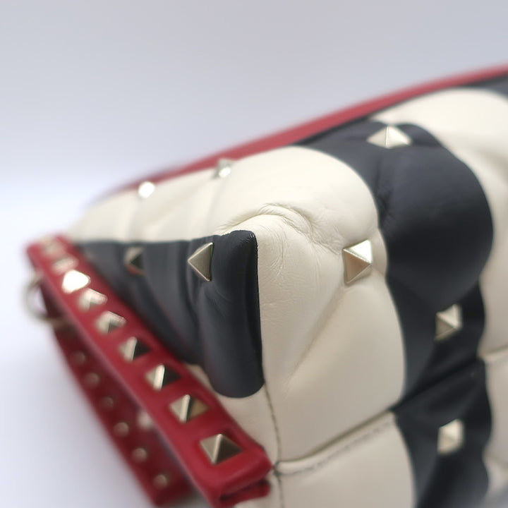 Valentino Candystud Striped Top Handle Bag Cream/Black/Red Leather Crossbody