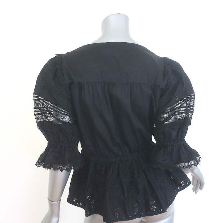 Self-Portrait Broderie Anglaise Peplum Top Black Lace-Trim Cotton Size US 6