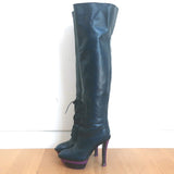Louis Vuitton Lace-Up Thigh High Platform Boots Navy Leather Size 39