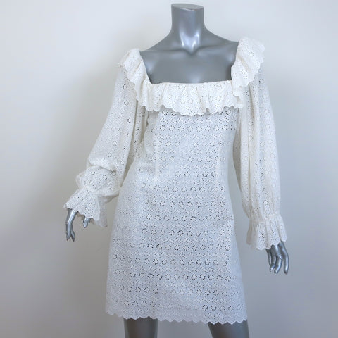 white doen mini dress Doen Franique Eyelet Embroidered Ruffled Mini Dress White Size Medium –  Celebrity Owned