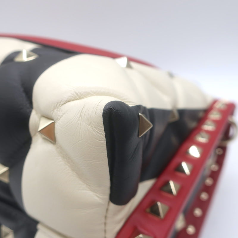 Valentino Candystud Striped Top Handle Bag Cream/Black/Red Leather Crossbody