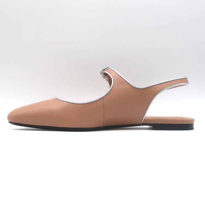 Hermes Kleo Slingback Flats Beige &amp; Metallic Silver Leather Size 40 NEW