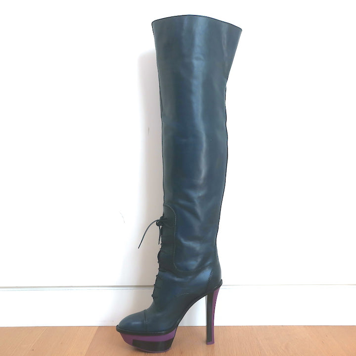Louis Vuitton Lace-Up Thigh High Platform Boots Navy Leather Size 39