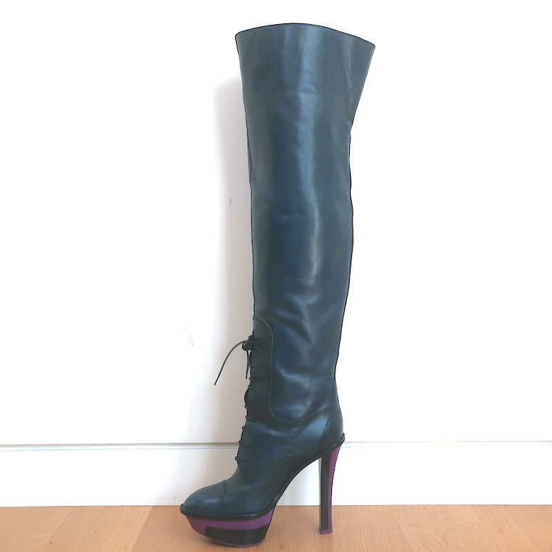 Louis Vuitton Lace-Up Thigh High Platform Boots Navy Leather Size 39