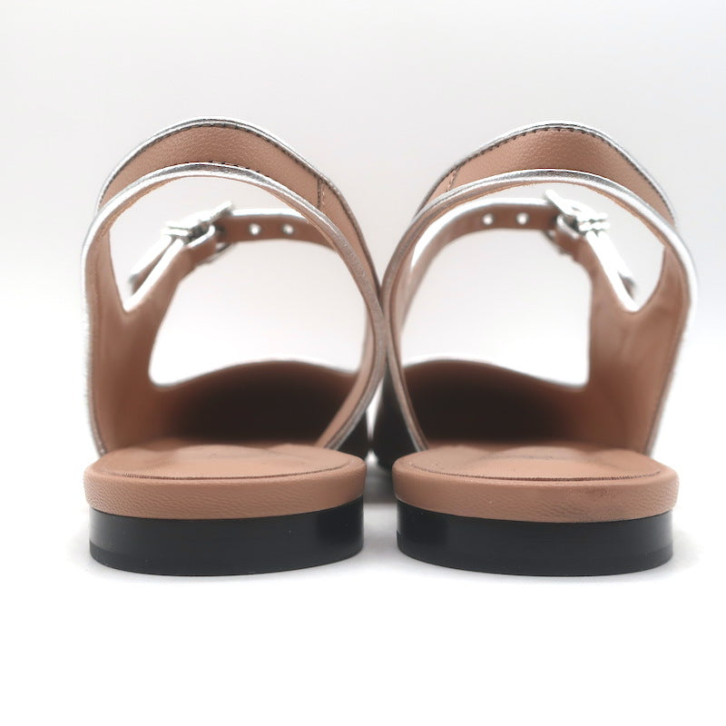 Hermes Kleo Slingback Flats Beige &amp; Metallic Silver Leather Size 40 NEW