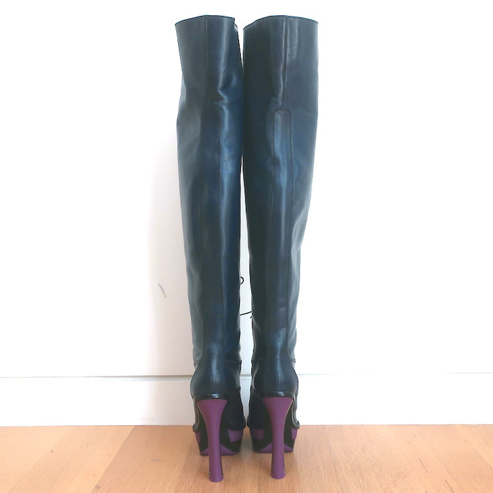 Louis Vuitton Lace-Up Thigh High Platform Boots Navy Leather Size 39