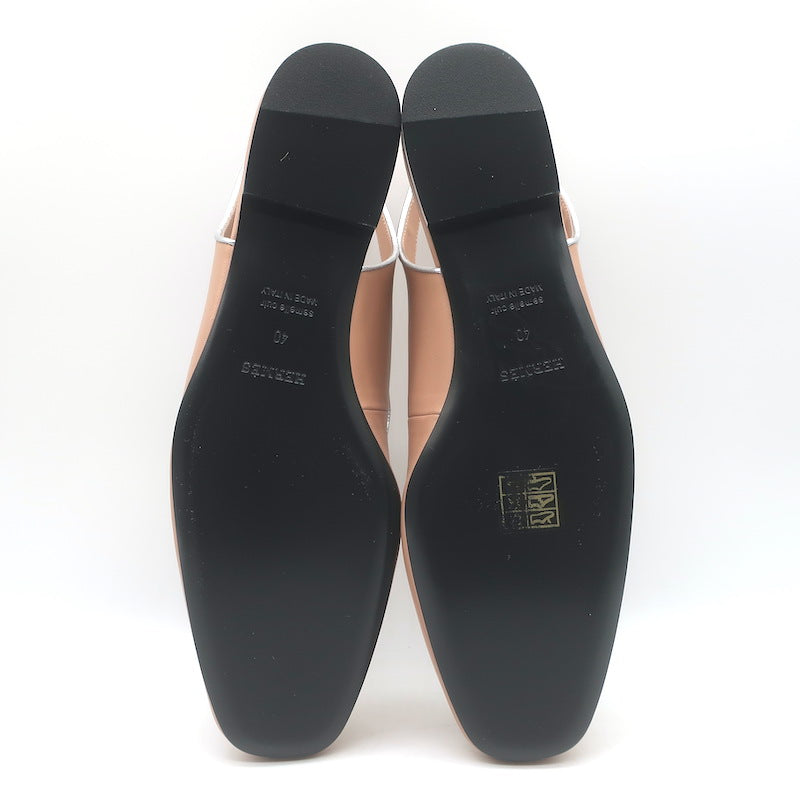Hermes Kleo Slingback Flats Beige &amp; Metallic Silver Leather Size 40 NEW