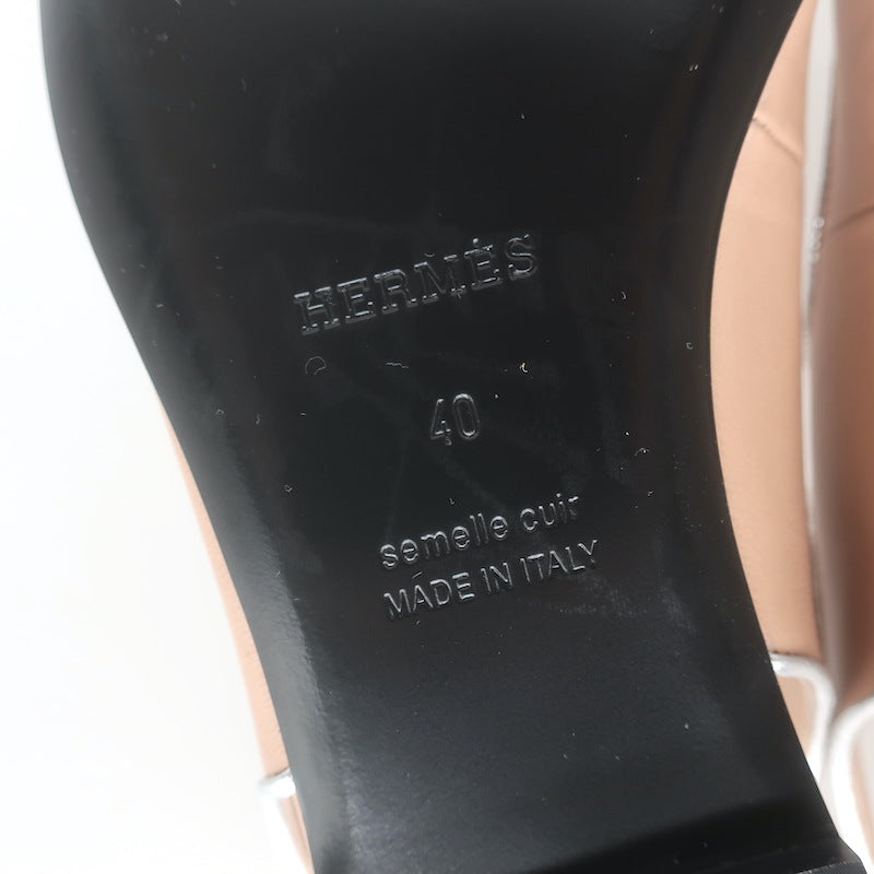 Hermes Kleo Slingback Flats Beige &amp; Metallic Silver Leather Size 40 NEW