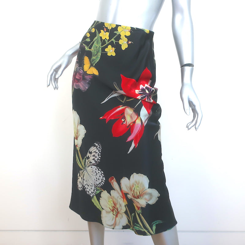 Alice + Olivia Maeve Midi Slip Skirt Black Floral Print Charmeuse Size 2