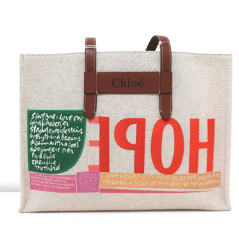 Chloe Corita Kent Embroidered Canvas Tote Beige Large Shoulder Bag NEW