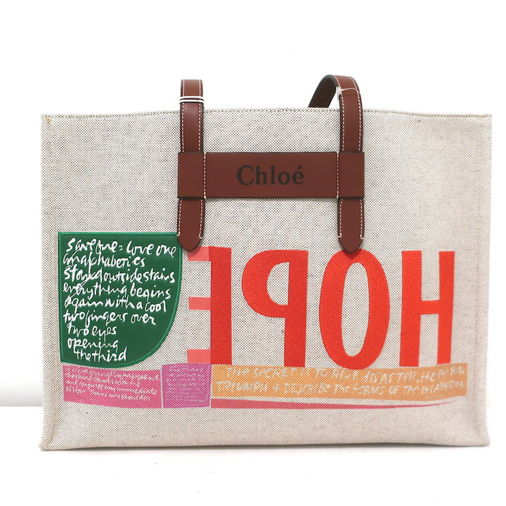Chloe Corita Kent Embroidered Canvas Tote Beige Large Shoulder Bag NEW