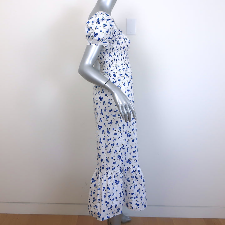 HVN Puff Sleeve Midi Dress White Cherry Print Smocked Stretch Cotton Size 0