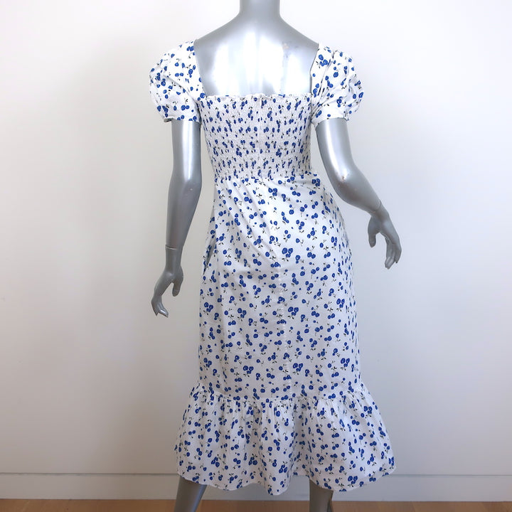 HVN Puff Sleeve Midi Dress White Cherry Print Smocked Stretch Cotton Size 0