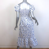 HVN Puff Sleeve Midi Dress White Cherry Print Smocked Stretch Cotton Size 0