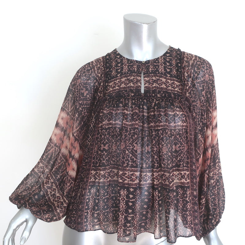 Ulla Johnson Belen Blouson-Sleeve Top Black/Brown Printed Silk Chiffon Size 0