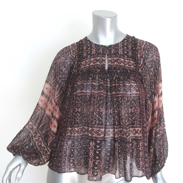 Ulla Johnson Belen Blouson-Sleeve Top Black/Brown Printed Silk Chiffon Size 0