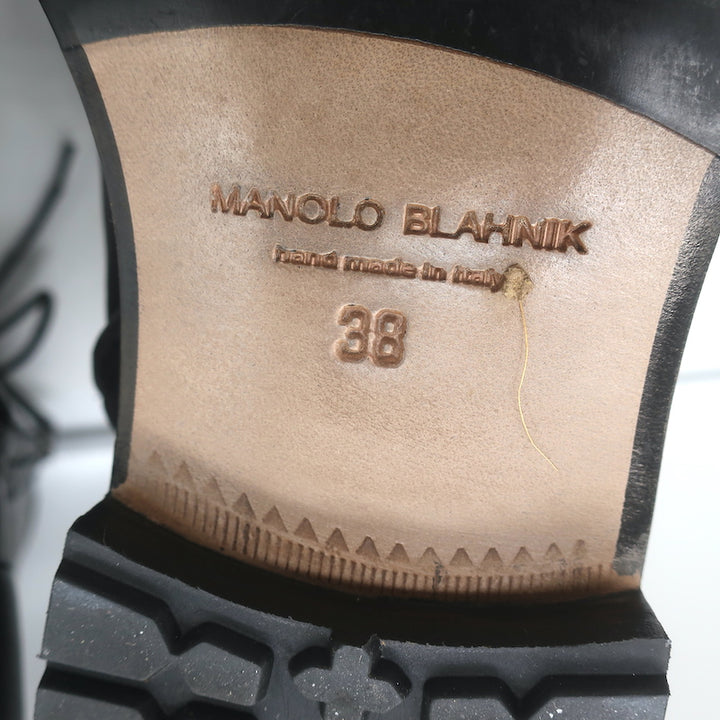 Manolo Blahnik Planigia Combat Boots Black Leather Size 38 Flat Ankle Boots